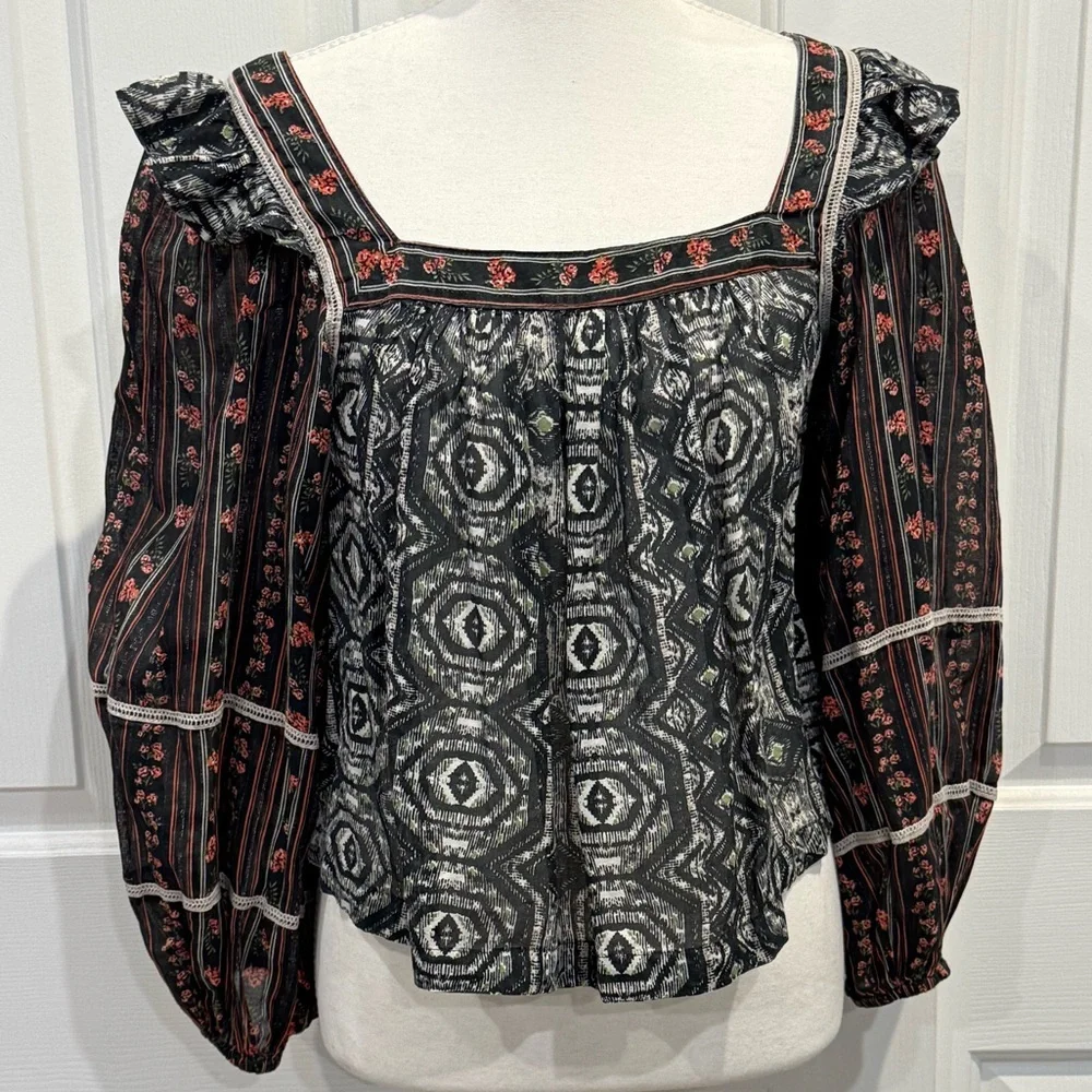 Free People Boho Puff Sleeve Mixed Print Blouse India Cotton S